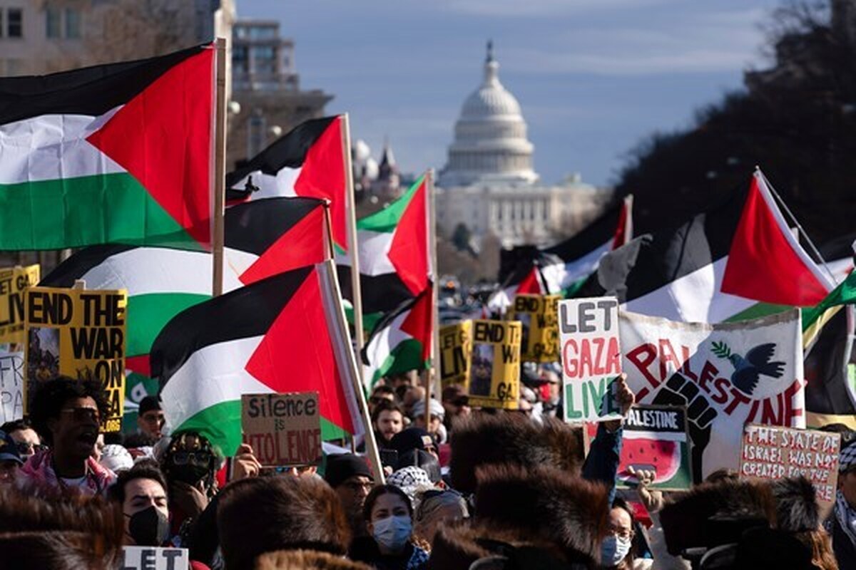تظاهرات حامیان فلسطین در نشست مشترک بایدن، کلینتون و اوباما + فیلم
